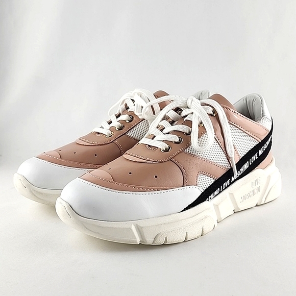 NWT LOVE MOSCHINO Women's Logo-Tape Mesh Salmon Leather Chunky Trainers Sz 8.5 - Picture 4 of 15